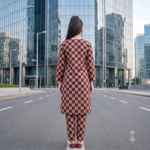 2 Pc Unstitched Digital Printed Lawn Suit - Maroon Square Pattern