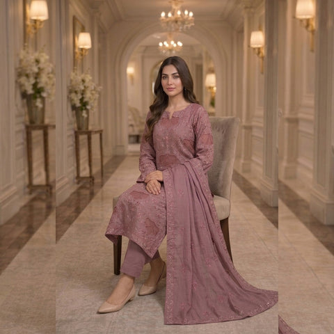 Dusty Rose Pure Lawn 3-Piece Suit | Petal Appliqué & Handmade Floral Embroidery | Laser Cut & Stone Work | Party Wear