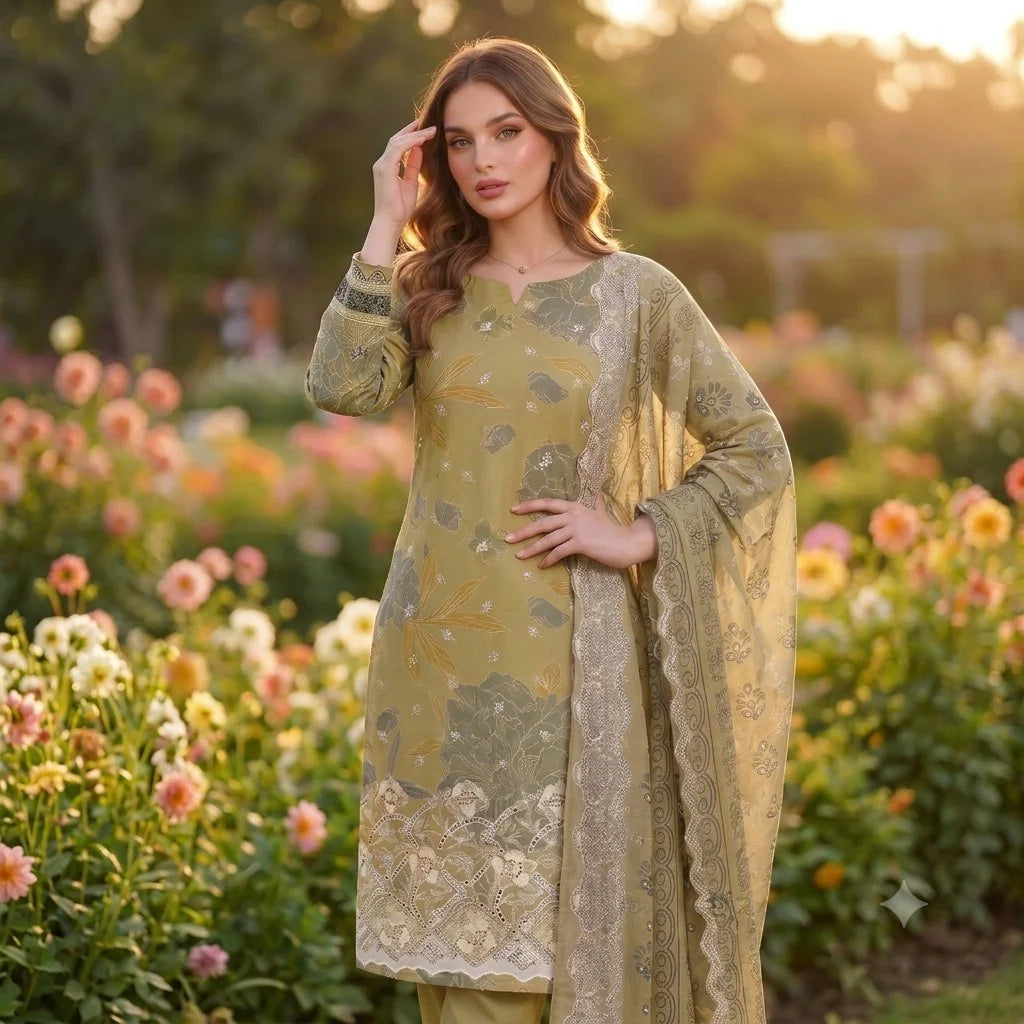 Olive Gold Chikankari Lawn — 3 Piece Unstitched