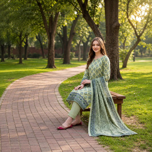 Pista Green Digital Printed Lawn 3-Piece Suit — Navy Bordered Dupatta