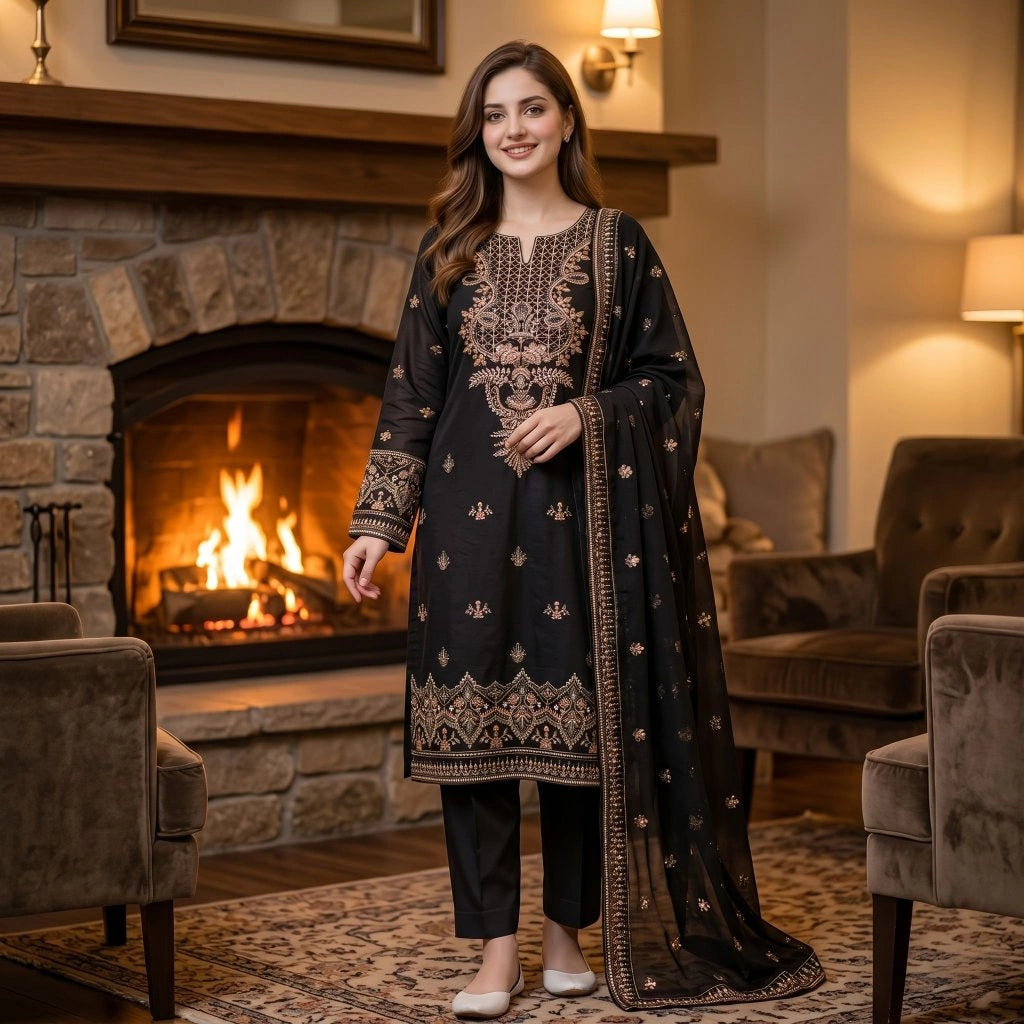 Black Embroidered Party Suit — 3 Piece