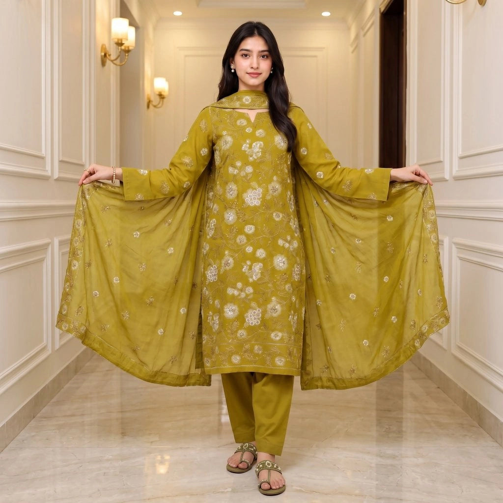 Olive Green Tilla Party Suit — 3 Piece