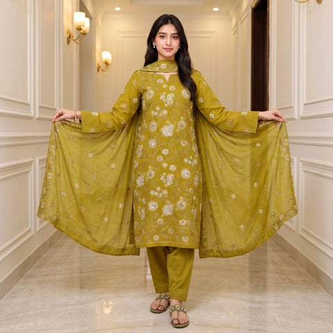 Olive Green Tilla Party Suit — 3 Piece