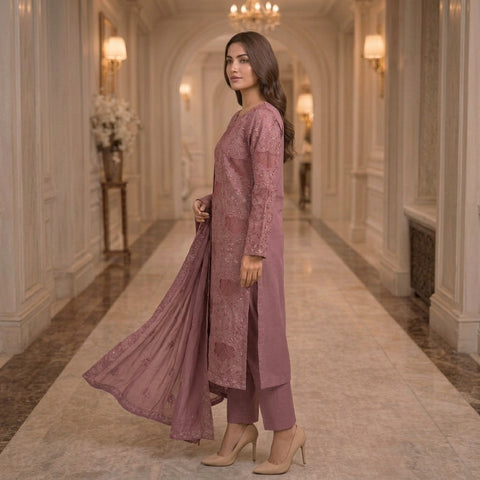 Dusty Rose Pure Lawn 3-Piece Suit | Petal Appliqué & Handmade Floral Embroidery | Laser Cut & Stone Work | Party Wear