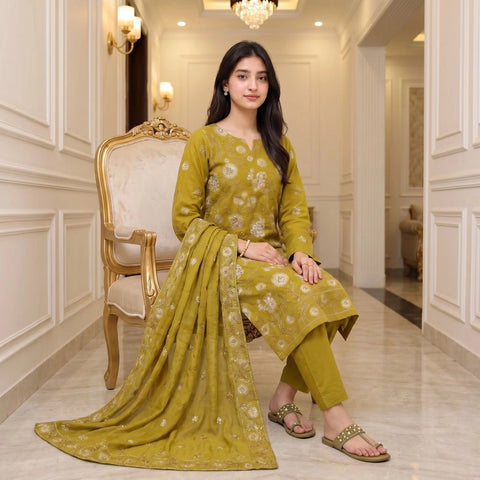 Olive Green Tilla Party Suit — 3 Piece