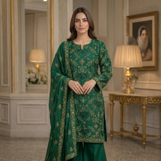 Emerald Green Pure Lawn 3-Piece Suit | Gold Zardozi Handmade Embroidery | Laser Cut & Stone Work | Party Wear