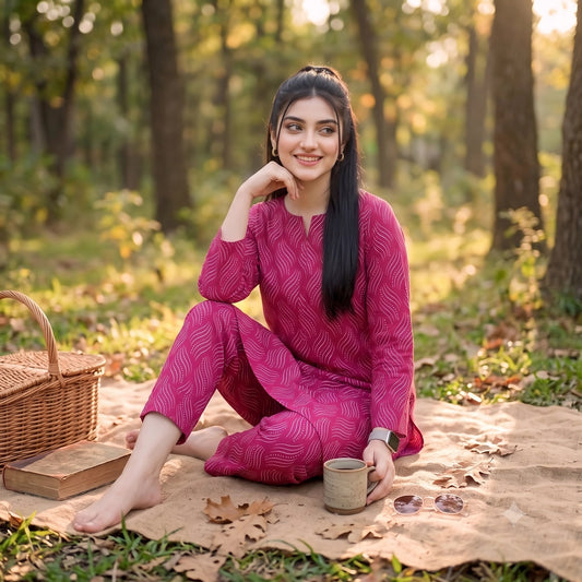 2 Pc Unstitched Digital Printed Lawn Suit - Deep Pink Wave Print