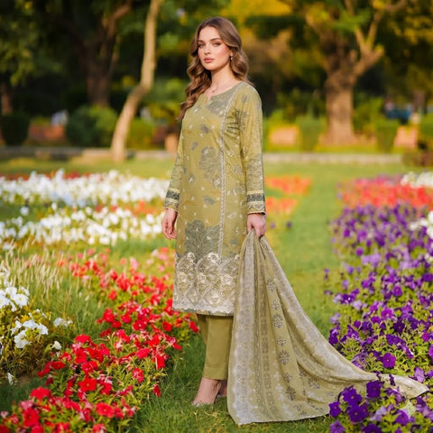 Olive Gold Chikankari Lawn — 3 Piece Unstitched