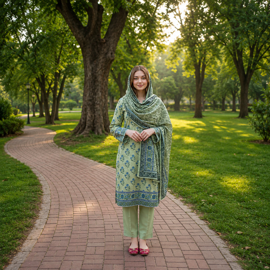 Pista Green Digital Printed Lawn 3-Piece Suit — Navy Bordered Dupatta