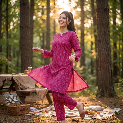 2 Pc Unstitched Digital Printed Lawn Suit - Deep Pink Wave Print