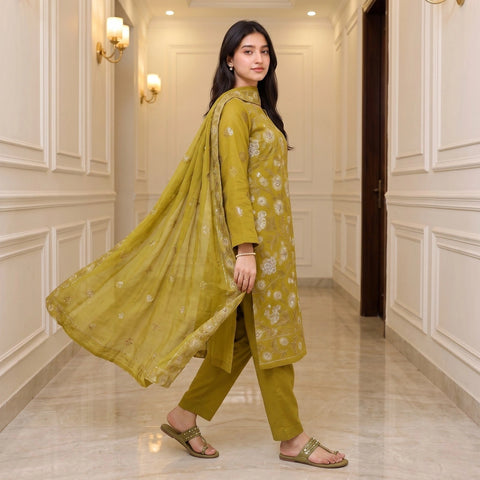 Olive Green Tilla Party Suit — 3 Piece