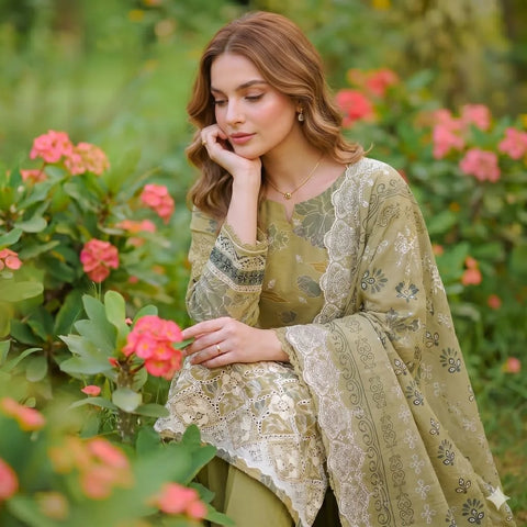 Olive Gold Chikankari Lawn — 3 Piece Unstitched