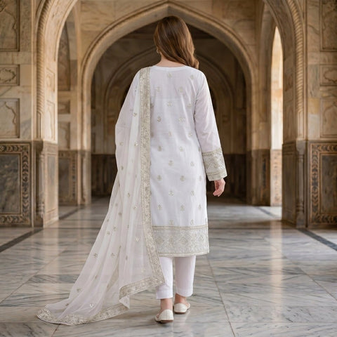 Ivory White Embroidered Party Suit — 3 Piece