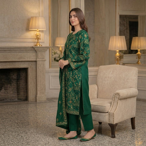 Emerald Green Pure Lawn 3-Piece Suit | Gold Zardozi Handmade Embroidery | Laser Cut & Stone Work | Party Wear