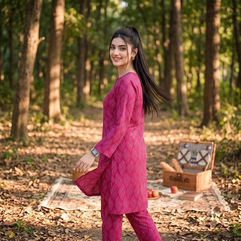 2 Pc Unstitched Digital Printed Lawn Suit - Deep Pink Wave Print