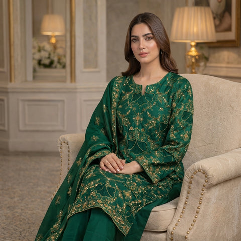 Emerald Green Pure Lawn 3-Piece Suit | Gold Zardozi Handmade Embroidery | Laser Cut & Stone Work | Party Wear