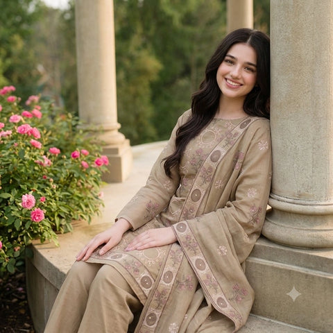 Taupe Floral Embroidered Party Suit — 3 Piece