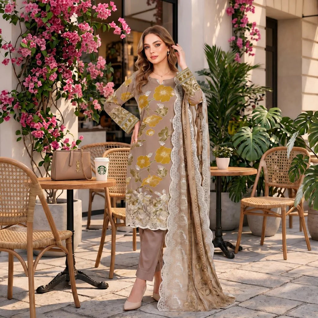 Taupe Chikankari Lawn — 3 Piece Unstitched