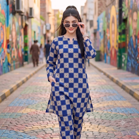 2 Pc Unstitched Digital Printed Lawn Suit - Royal Blue Geometric