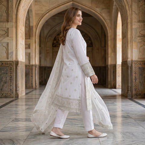 Ivory White Embroidered Party Suit — 3 Piece