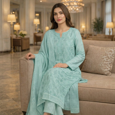 Aqua Blue Pure Lawn 3-Piece Suit | Tonal Handmade Embroidery | Laser Cut Trouser Hem & Stone Work | Party Wear