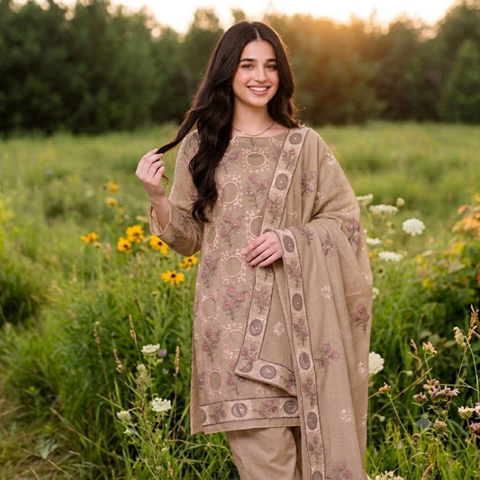 Taupe Floral Embroidered Party Suit — 3 Piece