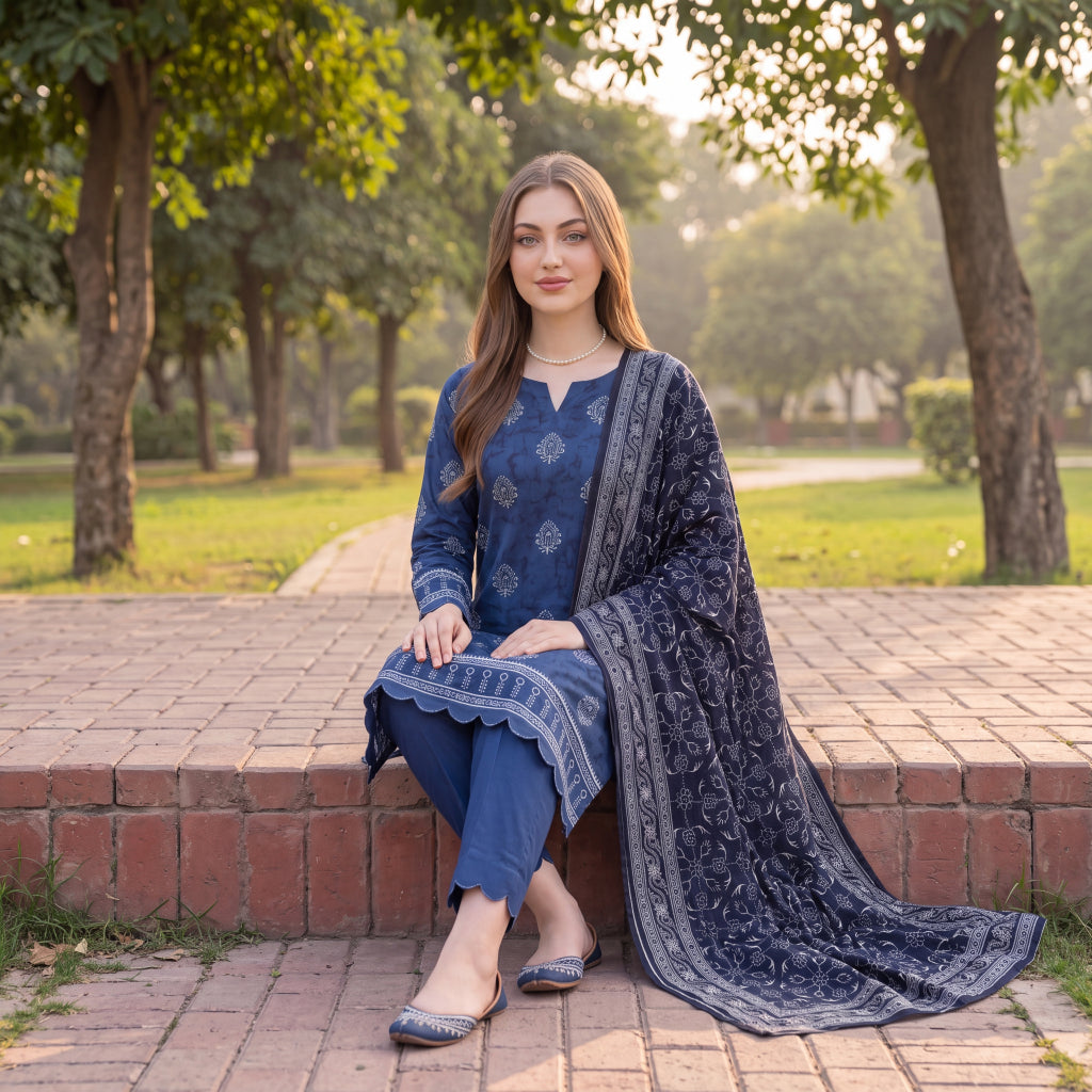 Steel Grey Digital Printed Lawn 3-Piece Suit — Navy Botanical Print