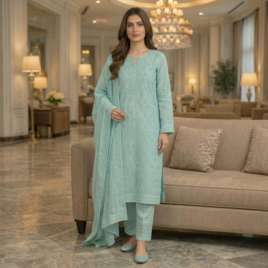Aqua Blue Pure Lawn 3-Piece Suit | Tonal Handmade Embroidery | Laser Cut Trouser Hem & Stone Work | Party Wear