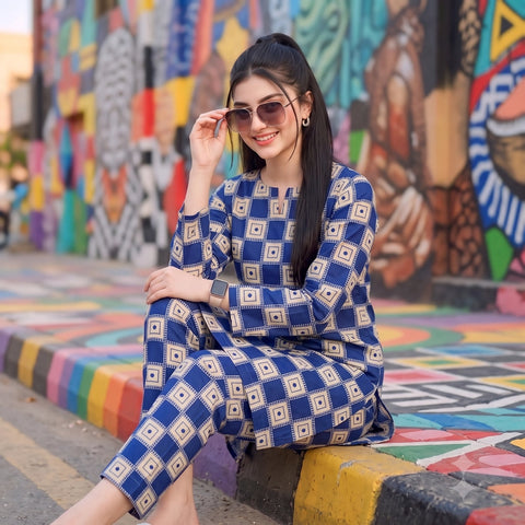 2 Pc Unstitched Digital Printed Lawn Suit - Royal Blue Geometric