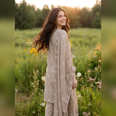 Taupe Floral Embroidered Party Suit — 3 Piece