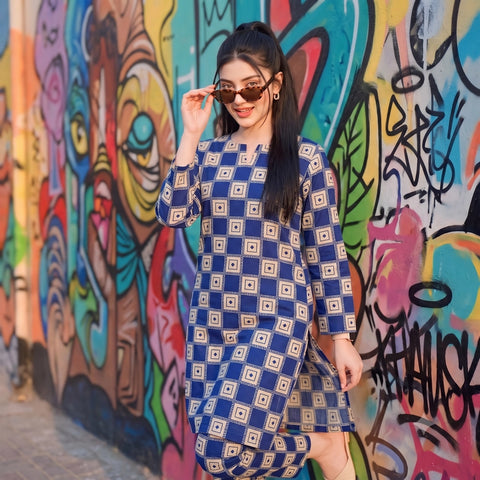 2 Pc Unstitched Digital Printed Lawn Suit - Royal Blue Geometric
