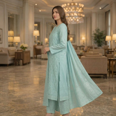 Aqua Blue Pure Lawn 3-Piece Suit | Tonal Handmade Embroidery | Laser Cut Trouser Hem & Stone Work | Party Wear