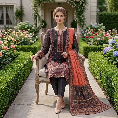 Dark Charcoal Floral Printed Lawn — 3 Piece Unstitched