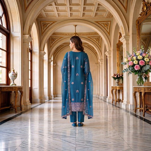 Teal Blue Embroidered Party Suit — 3 Piece