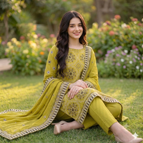 Graceful Mehndi-Green  Embroidered Party Suit — 3 Piece