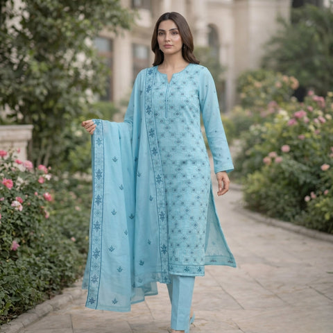 Sky Blue Pure Lawn 3-Piece Suit | Geometric Handmade Embroidery | Laser Cut & Stone Work | Party Wear
