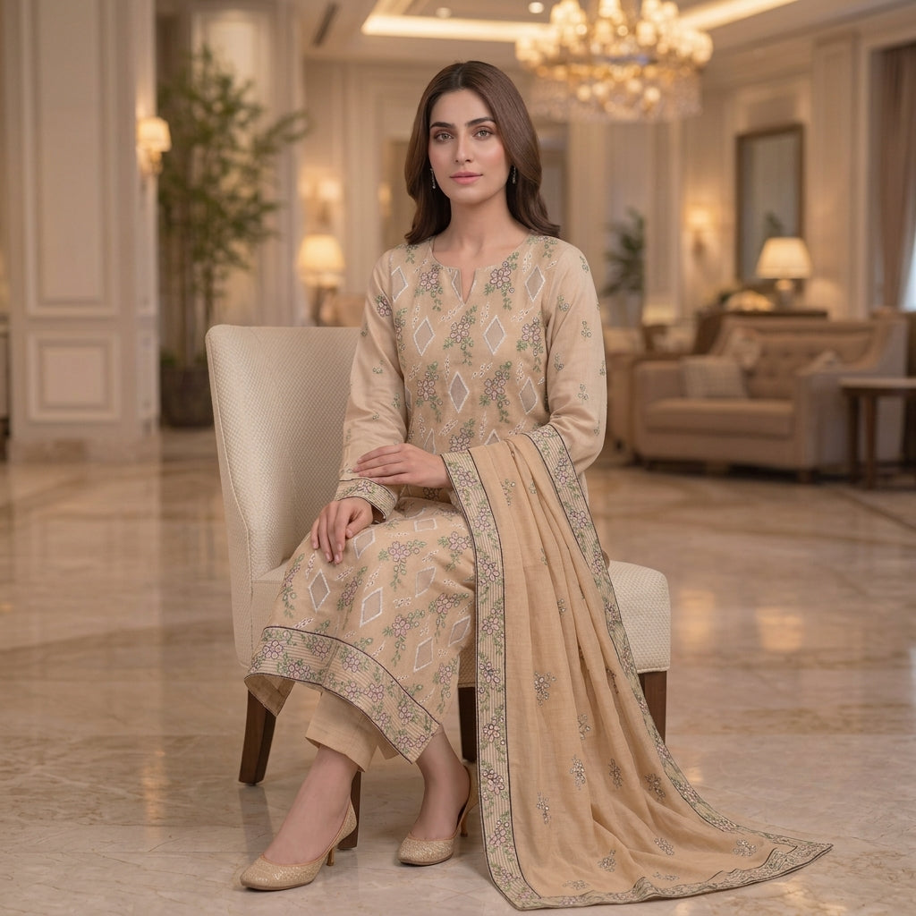 Beige Pure Lawn 3-Piece Suit | Pink Floral & Diamond Handmade Embroidery | Laser Cut & Stone Work | Party Wear