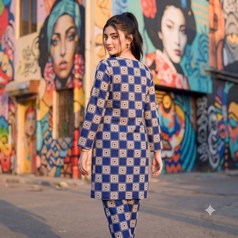 2 Pc Unstitched Digital Printed Lawn Suit - Royal Blue Geometric