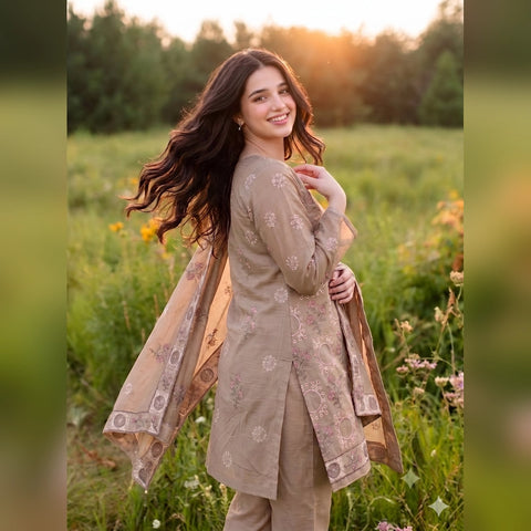 Taupe Floral Embroidered Party Suit — 3 Piece