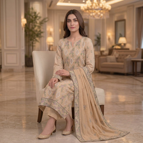Beige Pure Lawn 3-Piece Suit | Pink Floral & Diamond Handmade Embroidery | Laser Cut & Stone Work | Party Wear