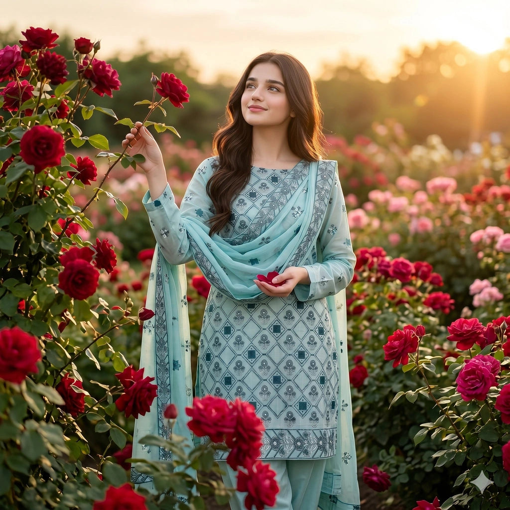 Sky Blue Embroidery Party Suit — 3 Piece