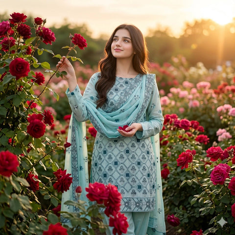 Sky Blue Embroidery Party Suit — 3 Piece
