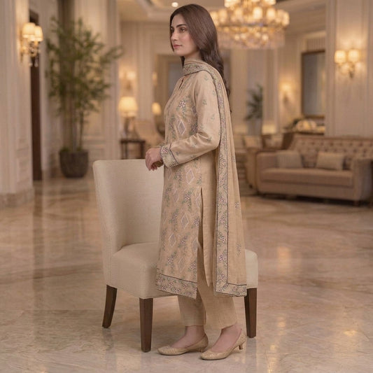 Beige Pure Lawn 3-Piece Suit | Pink Floral & Diamond Handmade Embroidery | Laser Cut & Stone Work | Party Wear