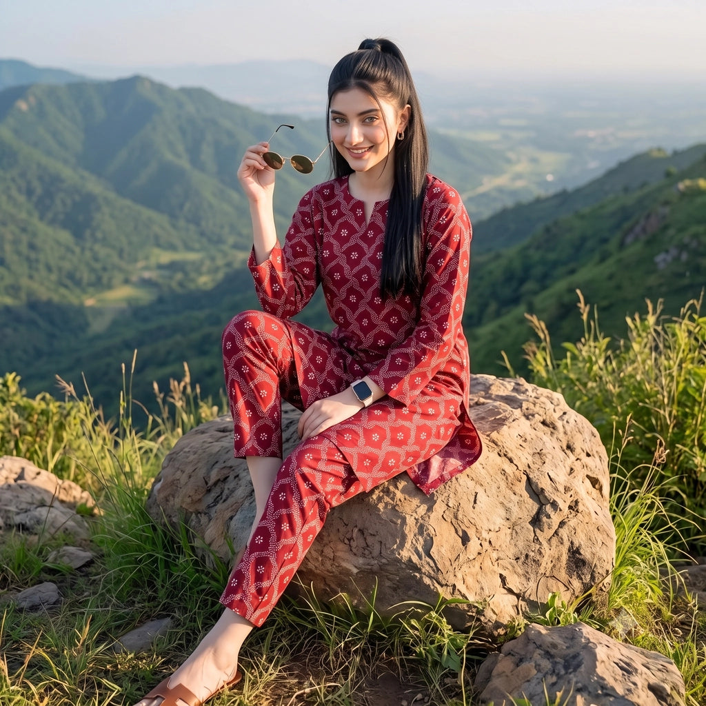 2 Pc Unstitched Digital Printed Lawn Suit - Deep Red Floral