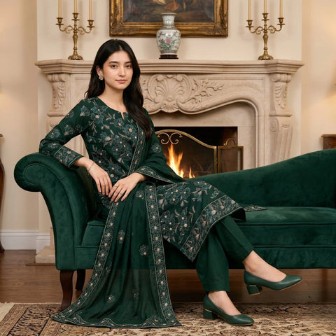 Forest Green Tilla Party Suit — 3 Piece