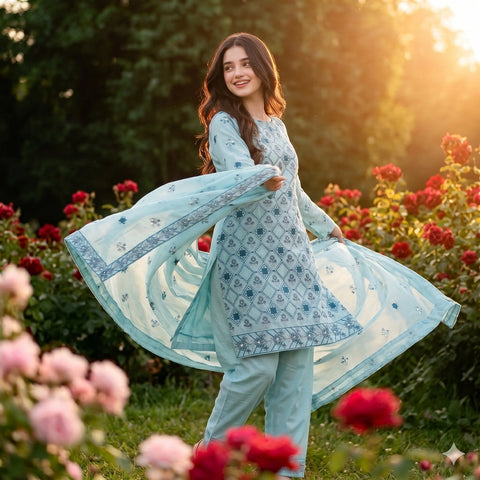 Sky Blue Embroidery Party Suit — 3 Piece