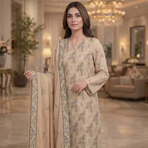 Beige Pure Lawn 3-Piece Suit | Pink Floral & Diamond Handmade Embroidery | Laser Cut & Stone Work | Party Wear
