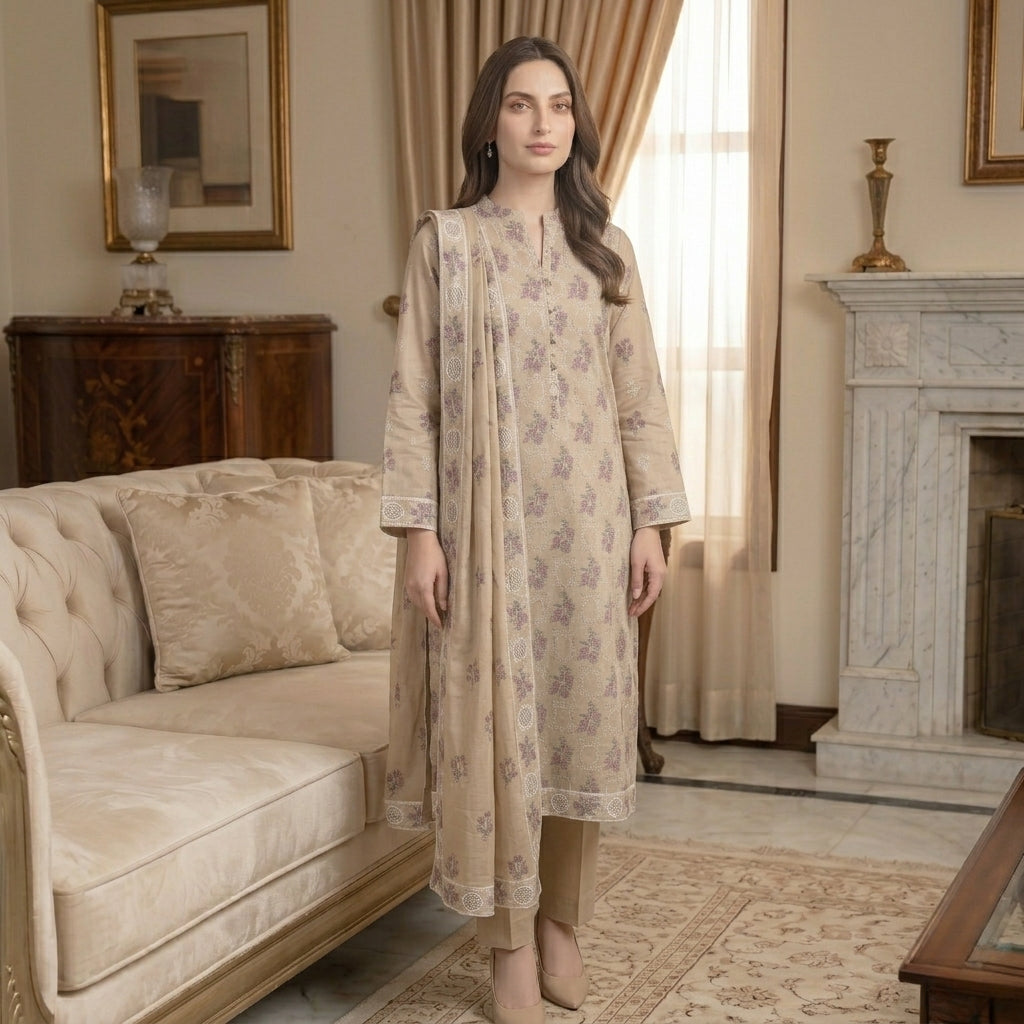 Champagne Pure Lawn 3-Piece Suit | Purple Floral Schiffli & Handmade Embroidery | Laser Cut & Stone Work | Party Wear