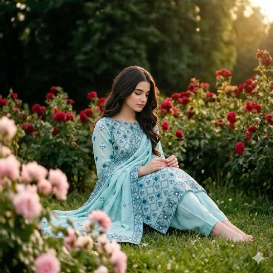Sky Blue Printed Embroidered Party Suit — 3 Piece