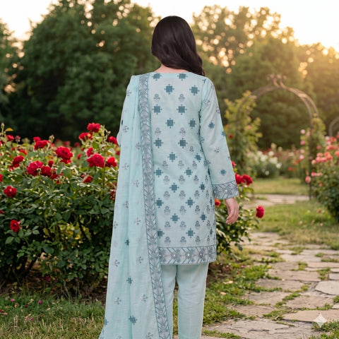 Sky Blue Embroidery Party Suit — 3 Piece